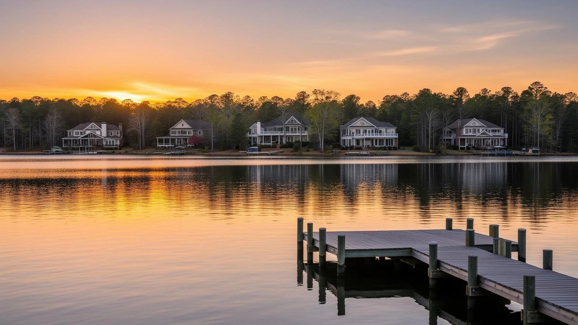Lakefront luxury property near Charlotte with expansive water views at sunset
