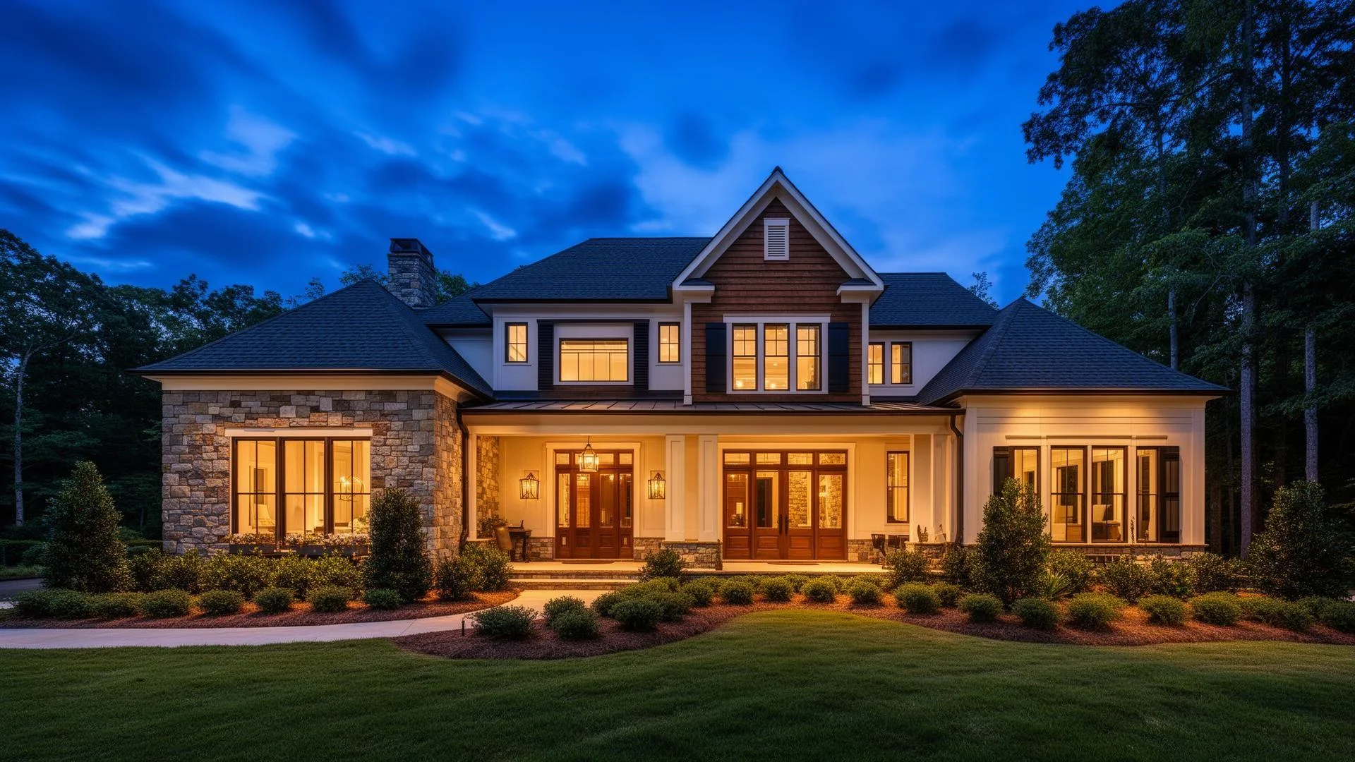 Luxury estate exterior in Charlotte NC with manicured grounds and timeless architecture