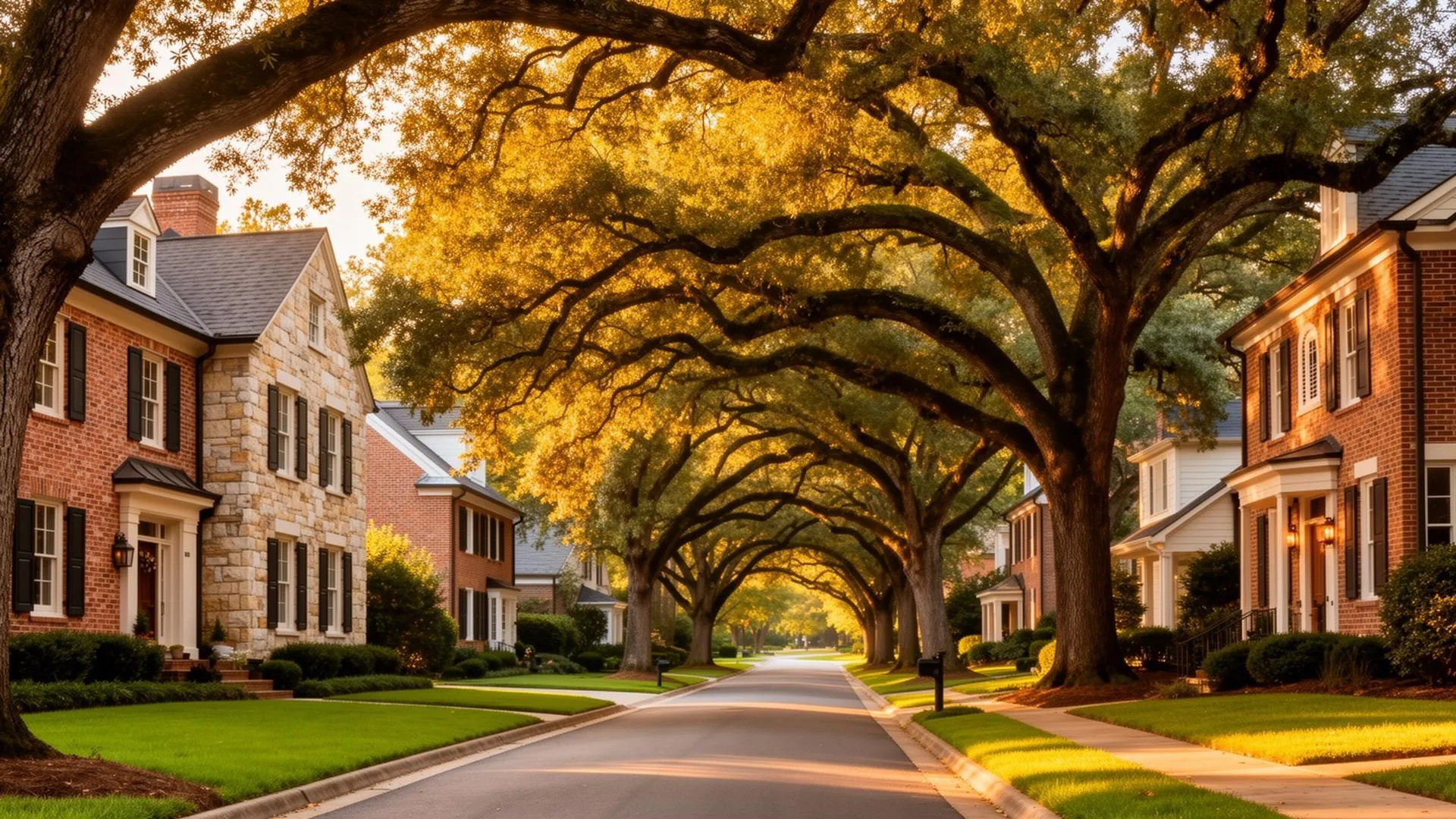 Tree-lined street in a Charlotte NC neighborhood with homes for sale