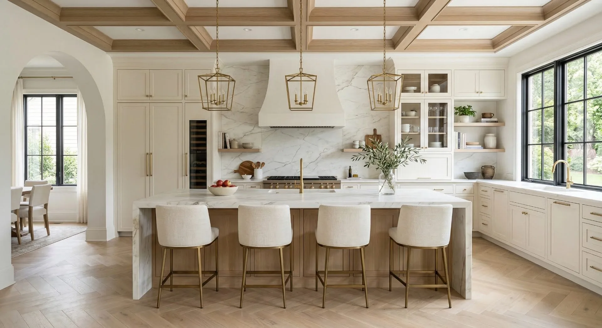Luxury kitchen with marble countertops and coffered ceiling in Charlotte NC home for sale