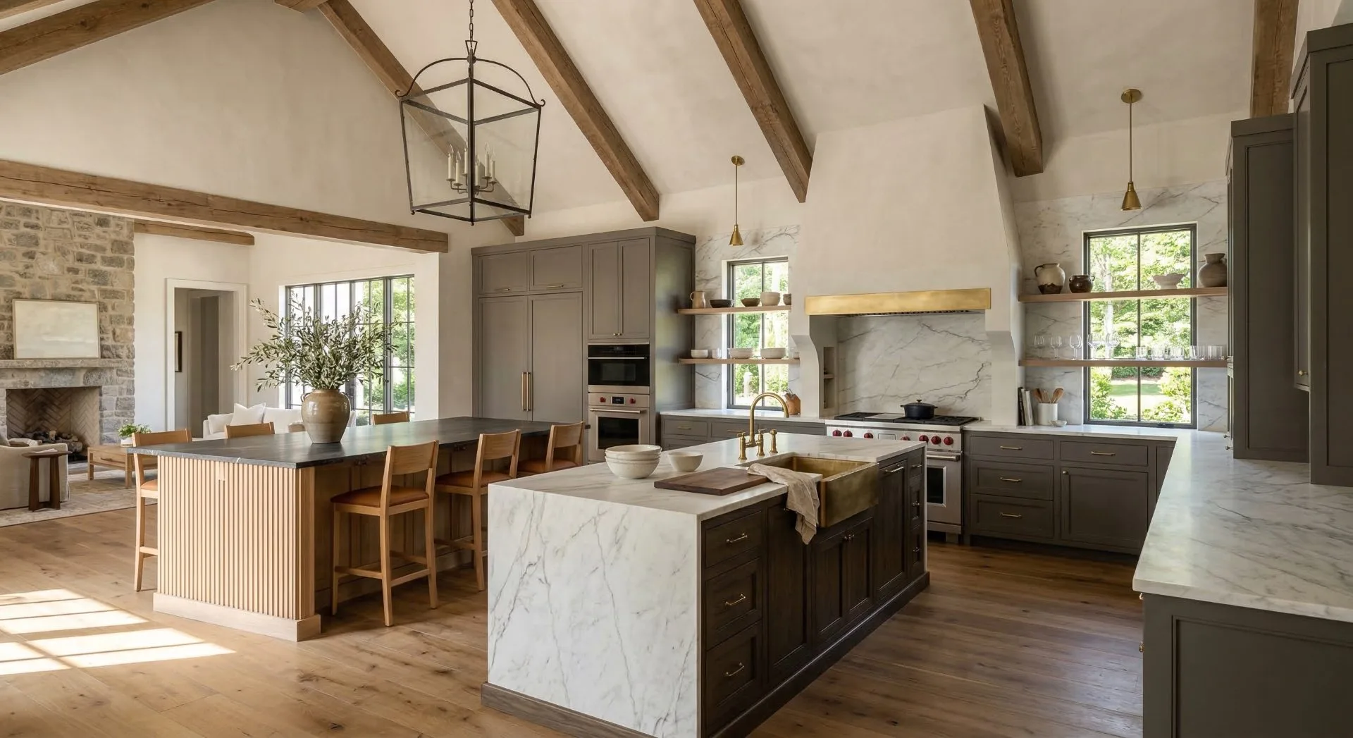 Luxury gourmet kitchen with marble island vaulted wood beam ceilings staged for sale in Charlotte NC