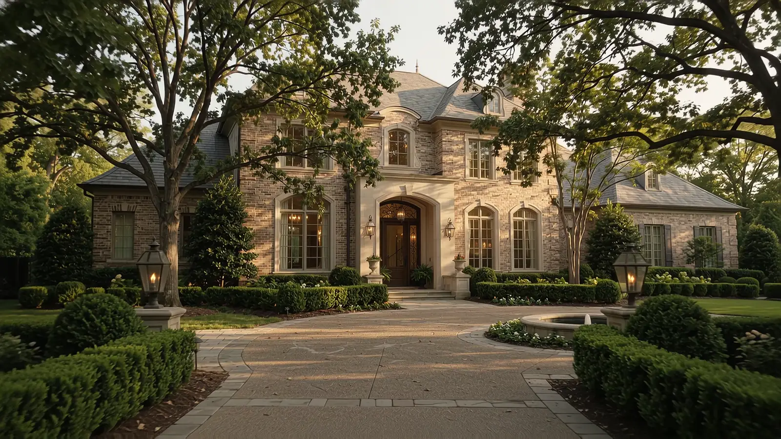 Charlotte luxury estate homes at dusk with the uptown skyline
